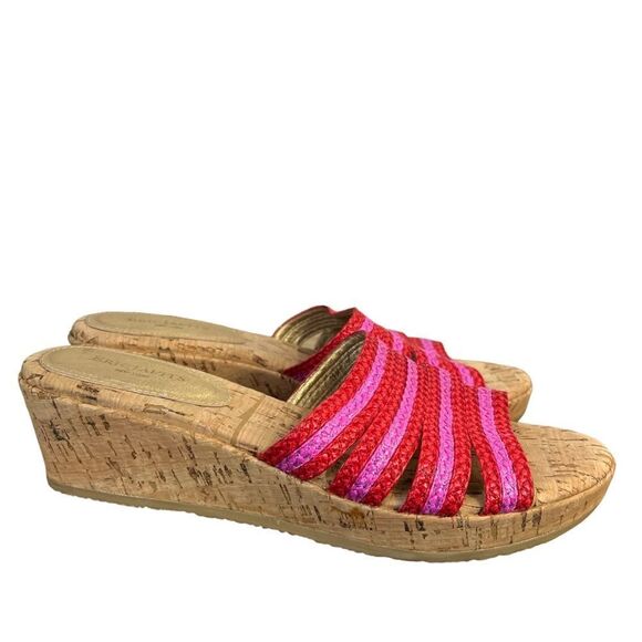 Eric Javits Wedge Sandals Womens 11 Raffia Braided Cork Slide Red Pink - Picture 4 of 9